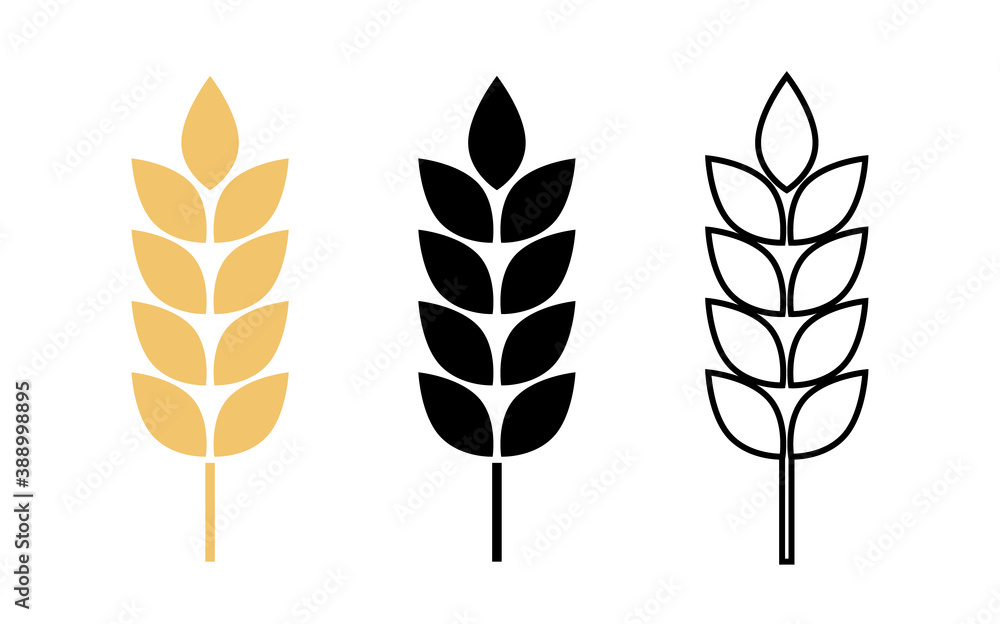 Wheat logo. Icon bakery. Spike wheat. Bread grain. Stalk oat, barley, corn, rye, malt, bran, millet, maize, rice, beer. Harvest seed for flour. Healthy eating. Stalks ear of wheat. Sign crop. Vector