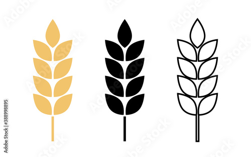 Wheat logo. Icon bakery. Spike wheat. Bread grain. Stalk oat, barley, corn, rye, malt, bran, millet, maize, rice, beer. Harvest seed for flour. Healthy eating. Stalks ear of wheat. Sign crop. Vector