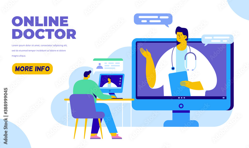 Online doctor. Online medical consultation and support. Healthcare services. Ask a doctor. Online medicine concept flat vector illustration.