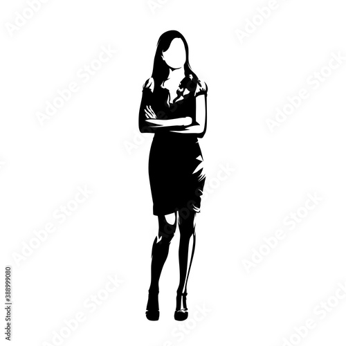 Business woman standing, isolated vector silhouette. Front view, ink drawing