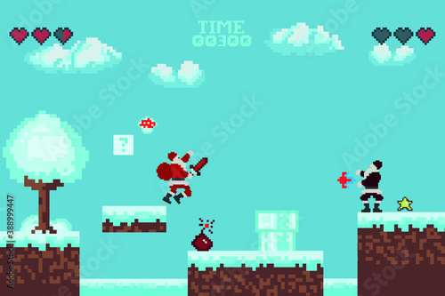 Winter pixel game. The battle of Santa Claus. Retro art games. 8-bit pixel platformer game resource. Vector illustration