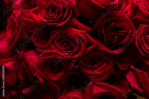 Natural red roses background top view. Bouquet of Red Roses. Big bunch of red roses. Colorful flower bouquet from red roses background.