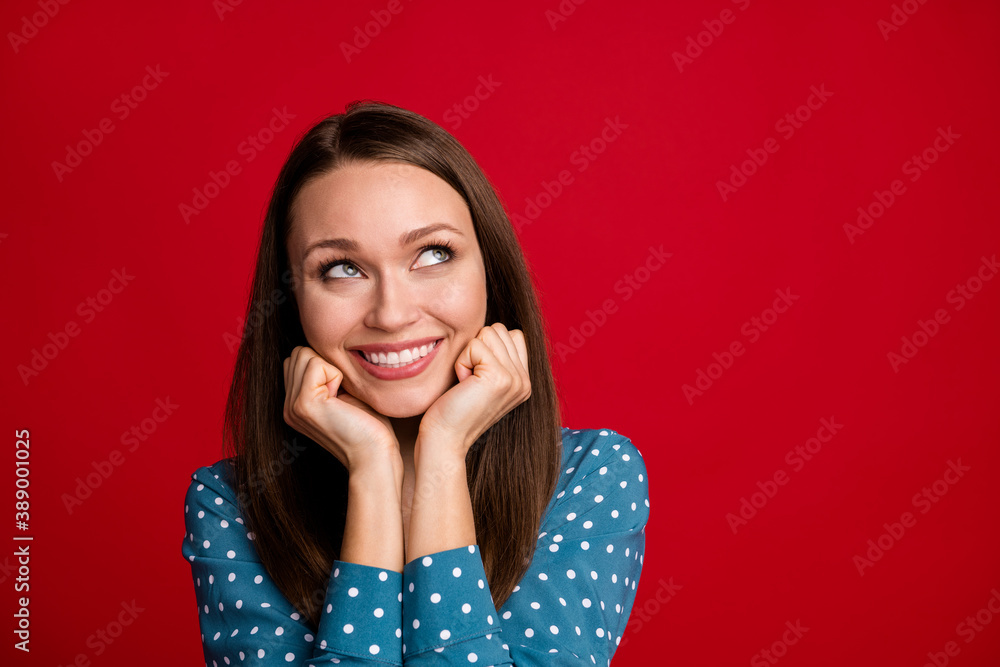 Close-up portrait of nice attractive cheerful minded girl creating solution copy space isolated bright red color background Close-up portrait of nice attractive cheerful minded girl creating solution copy space isolated bright red color background