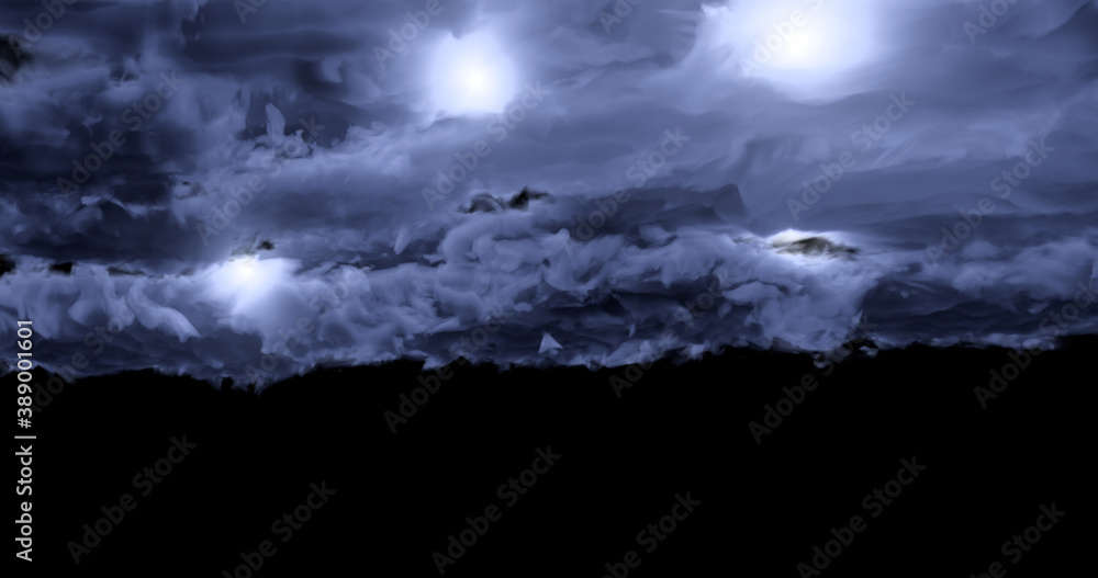 3d rendering. Dark, dense storm clouds with flashes of lightning on a black background. Graphic illustration.