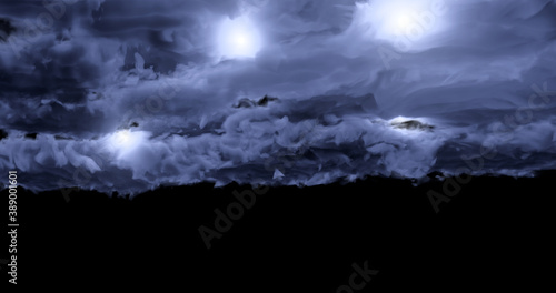 3d rendering. Dark, dense storm clouds with flashes of lightning on a black background. Graphic illustration. © shacil