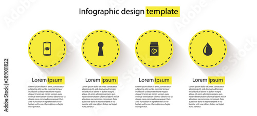 Set Graduation cap on mobile, Keyhole, Coffee beans in bag and Water drop. Business infographic template. Vector.