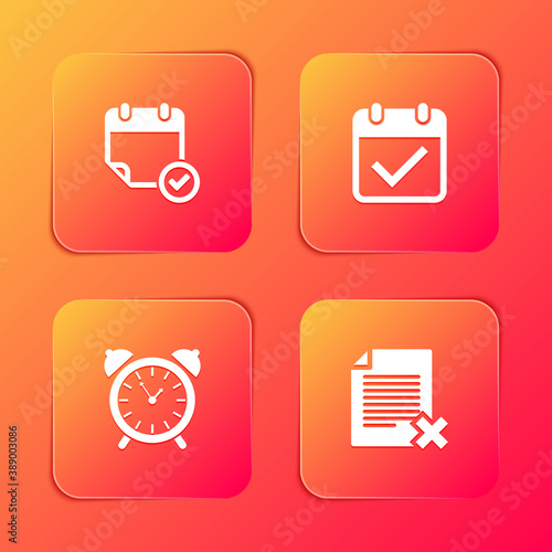 Set Calendar with check mark, , Alarm clock and Delete file document icon. Vector.