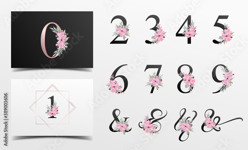 Beautiful alphabet number collection with watercolor floral decoration