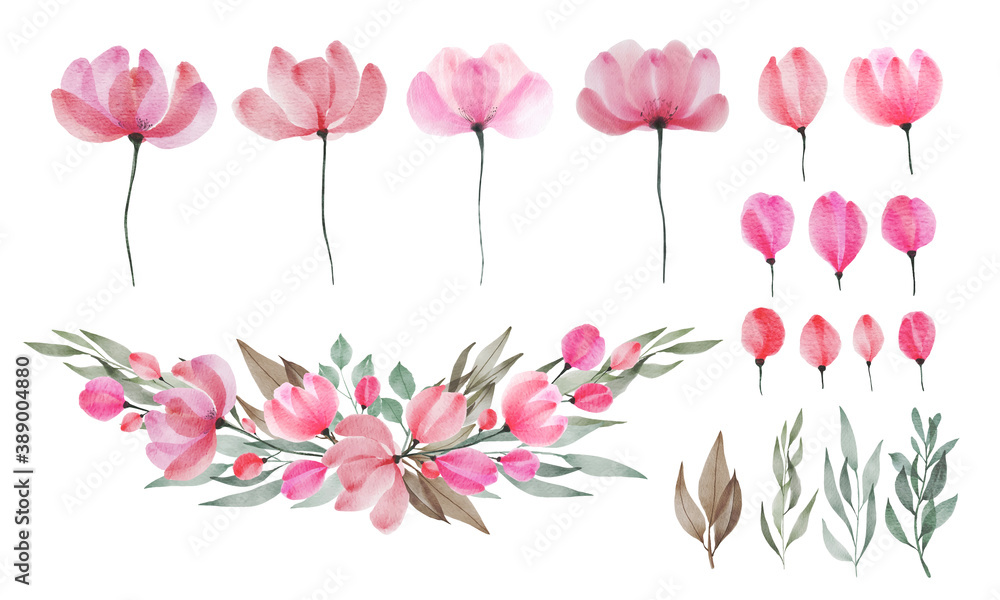 Set of watercolor flower and leaf. Floral painted with watercolor for greeting and invitation card decoration.