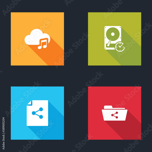 Set Music streaming service, Hard disk drive with clockwise, Share file and folder icon. Vector.