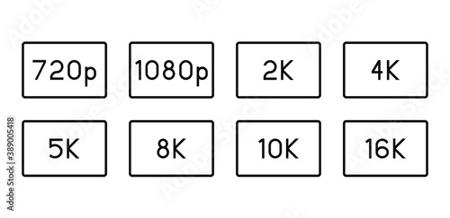 Resolution Icon (badge) Set (720p, 1080p, 2K, 4K, 5K, 8K, 10K, 16K). Vector illustration.