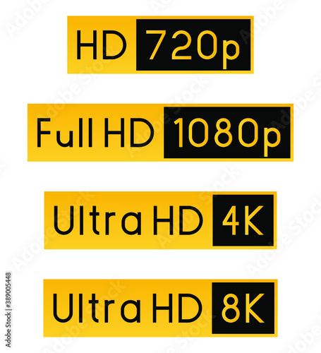 Resolution Icon (badge) Set (720p, 1080p, 4K, 8K). Vector illustration.