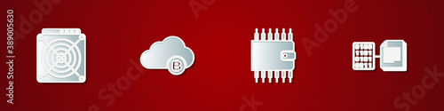 Set ASIC Miner, Cryptocurrency cloud mining, wallet and Smart contract icon. Vector.