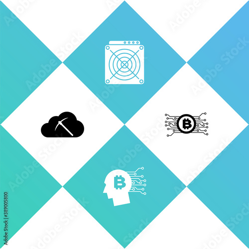 Set Cryptocurrency cloud mining, Bitcoin think, ASIC Miner and bitcoin circuit icon. Vector.