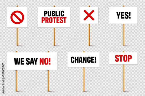 Protest signs with slogan on wooden holder. Realistic vector demonstration banner. Strike action cardboard placard mockup.