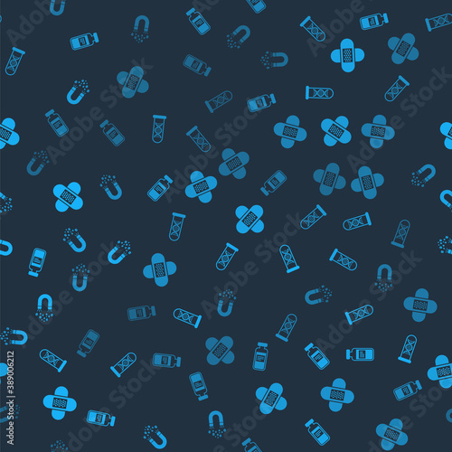 Set Medical vial, ampoule, DNA research, search, Crossed bandage plaster and Magnet with money on seamless pattern. Vector.