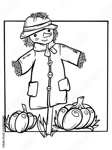 straw scarecrow on a field of pumpkins coloring book outline illustration vector for kids print sketch doodle hand drawing halloween isolate on a white background