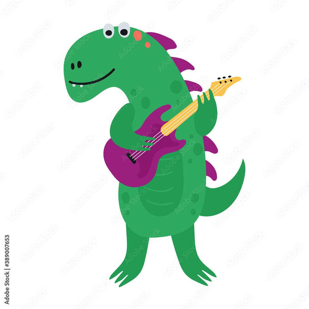 Obraz premium Funny dinosaur play the guitar in cartoon style isolated on a white background. Bright cute animal characters for kids. Vector illustration