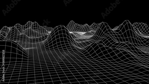 Technology wireframe landscape. Futuristic polygonal terrain background. Digital vector illustration. Retro design.