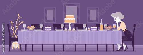 Lonely old woman sitting at table served for festive dinner. Senior person alone with empty chairs missing gone family members, friends, thinking of past events. Vector creative stylized illustration