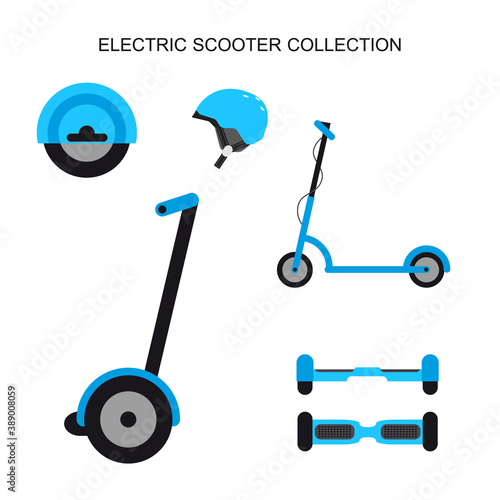 E-bikes and scooter collection in a flat cartoon style. Set of electric personal transportation. Vector illustration isolated on white background.