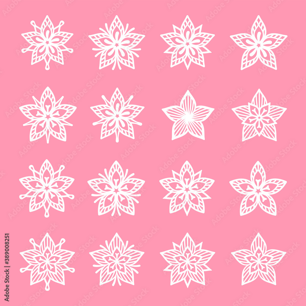 Set of openwork flowers on a pink background. Vector silhouette, decorative element for festive design, holiday greeting card, invitation, banner, scrapbooking, chipboard, laser and plotter cutting
