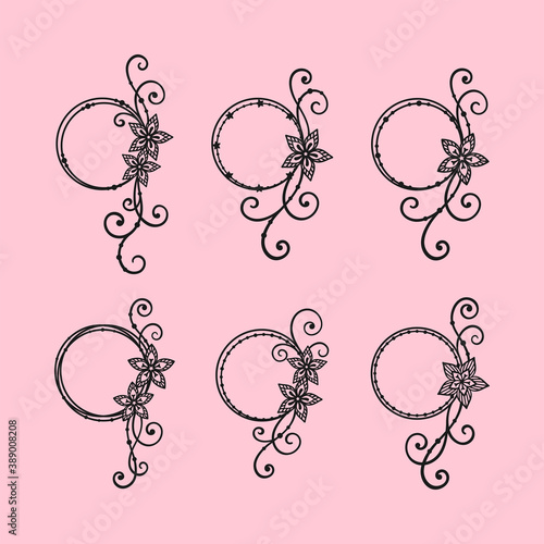 Set of round frames with flowers, swirls and beads. Vector silhouette, design template for holiday greeting card, wedding invitation, festive banner, monogram, wedding frame, laser and plotter cutting