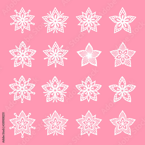 Set of openwork flowers on a pink background. Vector silhouette, decorative element for festive design, holiday greeting card, invitation, banner, scrapbooking, chipboard, laser and plotter cutting