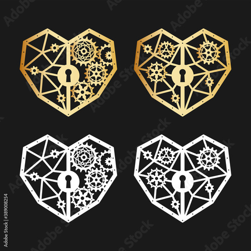 White and gold silhouettes of geometric hearts with polygonal texture, gears and keyhole. Mechanism. Steampunk. Vector design template for a stylish holiday greeting card, love concept, laser cutting
