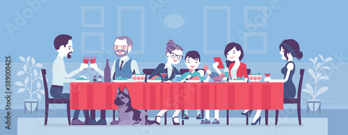 Big happy family eating festive dinner at table. Holiday gathering for many people of different generations, friends, community, anniversary dining traditions. Vector creative stylized illustration
