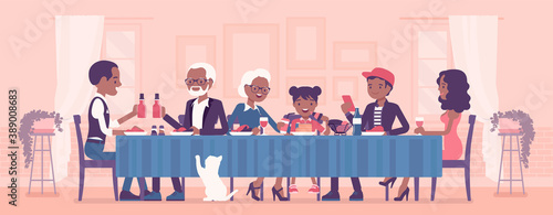 Big happy black family eating festive dinner at table. Holiday gathering for many people of different generations, friends, community, dining traditions. Vector creative stylized illustration