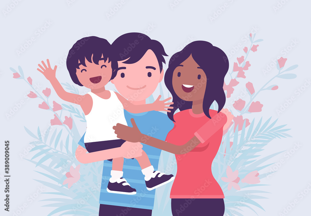 Multicultural happy family, parents and kid of different race, culture. Father, mother and son portrait, three members posing together, smiling in love and care. Vector creative stylized illustration Multicultural happy family, parents and kid of different race, culture. Father, mother and son portrait, three members posing together, smiling in love and care. Vector creative stylized illustration