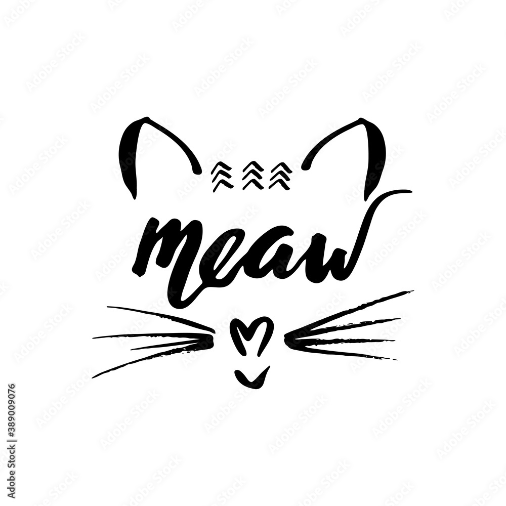 Hand drawn ink cat design with lettering meaw.