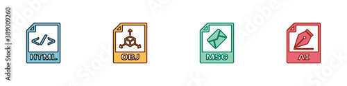Set HTML file document, OBJ, MSG and AI icon. Vector.