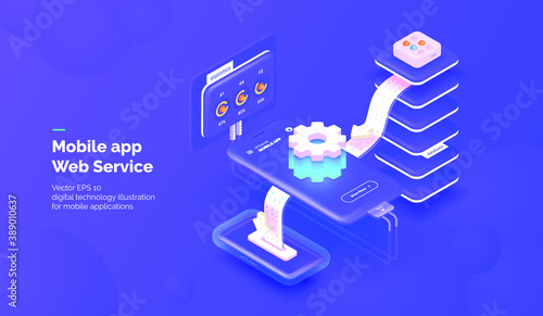 Web service for mobile applications. Integration systems. Mobile phone with a service for monitoring application parameters and obtaining statistical data. Vector illustration isometric style.