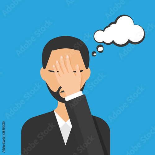 Flat style of man with a gestures facepalm expression. Man with hand flopping her forehead. Headache, disappointment or shame. Epic fail emotion. Isolated vector illustration.	
