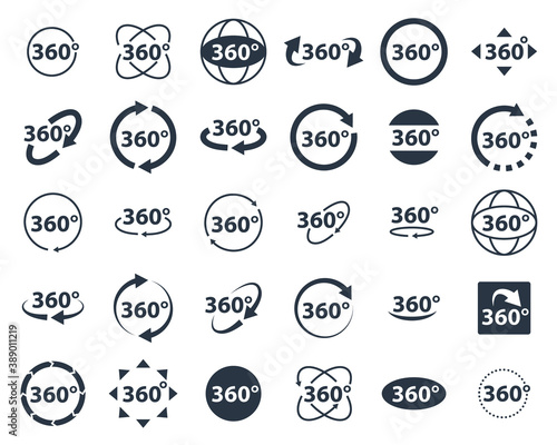 360 degrees icon set. Rotate arrow, VR reality panoramic symbol. Wide degree view icons. Virtual tour or game vector sign.