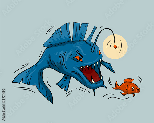 Deep sea fish is an evil predator hunting for fry. Design for printing on a t shirt. Vector illustration