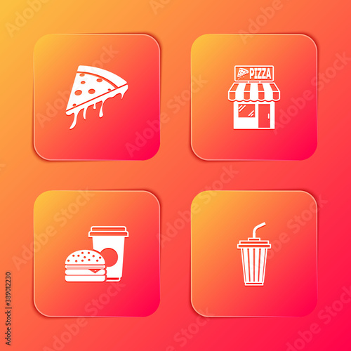 Set Slice of pizza, Pizzeria building facade, Coffee and burger and Glass with water icon. Vector.