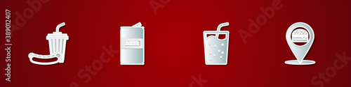 Set Soda and hotdog, Beer can, Glass with water and Location burger icon. Vector.