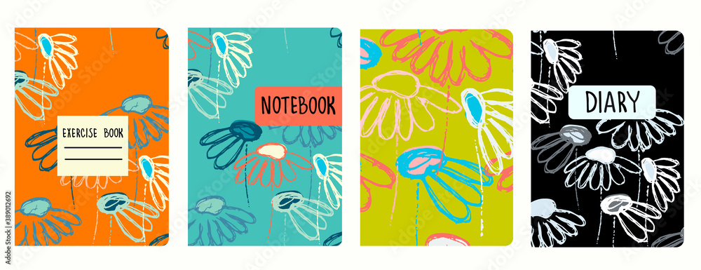 Cover page vector templates based on seamless patterns with hand drawn Echinacea flowers. Background for school exercise books, notebooks, diaries