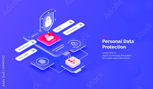 Personal data protection system. A mobile phone with a security interface. Protection of personal data of mobile applications. Vector illustration isometric style.