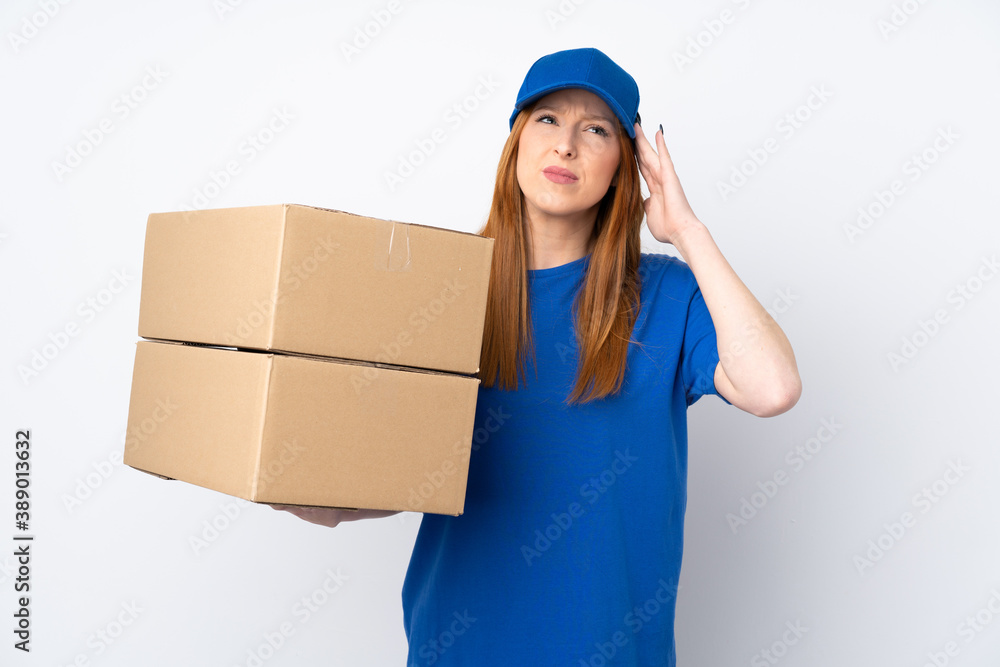 Young delivery woman over isolated white background unhappy and frustrated with something. Negative facial expression Young delivery woman over isolated white background unhappy and frustrated with something. Negative facial expression