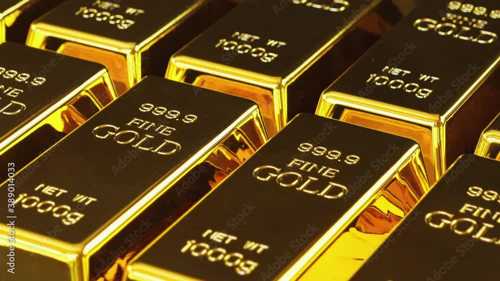 Gold bars stacked in a row. Gold bricks. Stack of gold bullion bars. Seamless looping footage. The camera pans around gold bars in close up. Gold bars stacked in a row. Gold bricks. Stack of gold bullion bars. Seamless looping footage. The camera pans around gold bars in close up.