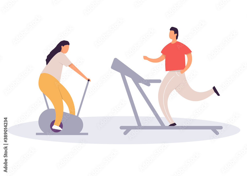 Fat man running on treadmill and fat woman on exercise bicycle. Cartoon character doing cardio training on exercise machine, weight loss concept. Flat vector illustration