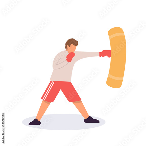 Man in boxer gloves exercising with punching bag in gym. Sporty man during boxing training at gym, flat vector illustration