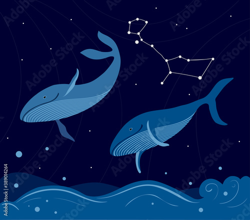 Night sea with two whales under the starry sky. Cetus constellation.