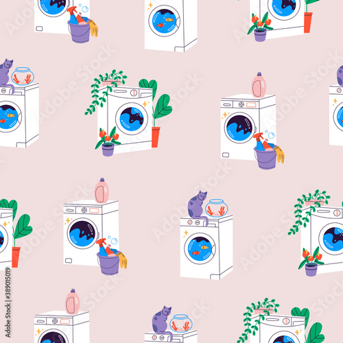 Set of three various Hand drawn Washing Machines. Laundry concept. Trendy Vector illustrations. Cartoon style. Seamless PAttern, Background, Wallpaper