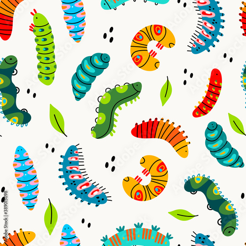 Various spring and summer colorful Caterpillars. Different silhouettes and shapes. Cute funny insects. Pretty colored characters. Hand drawn trendy Vector Seamless Pattern. Background, Wallpaper