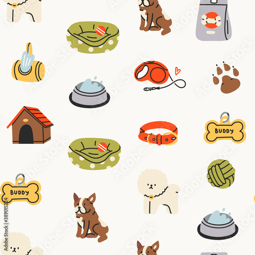Various Dog Supplies and Equipment. Food, toys, home, collar. Pet shop or store concept. Hand drawn colorful Vector Seamless Pattern. Textile print